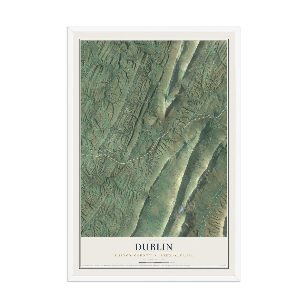Map of Dublin, Fulton County, Pennsylvania, 12 x 18 inch print in a white wood frame