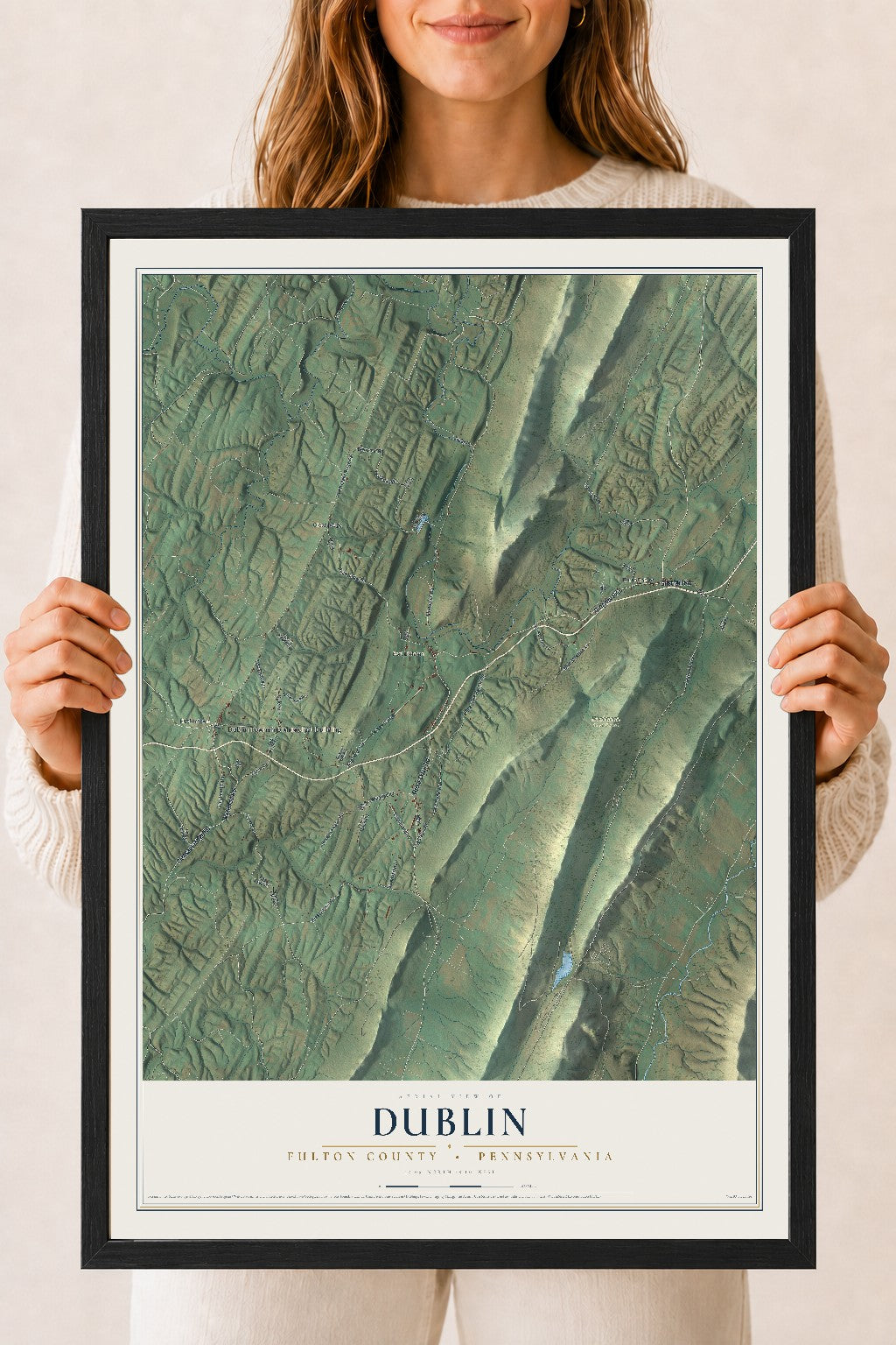 Map of Dublin, Fulton County, Pennsylvania, 18 x 24 inch print in a black wood frame