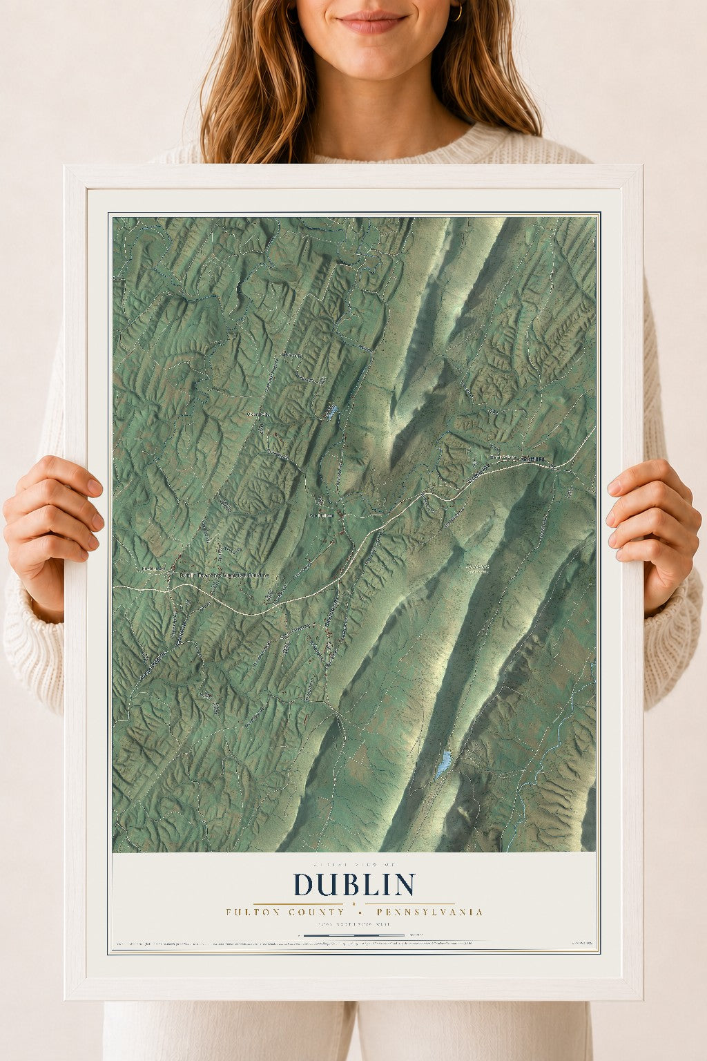 Map of Dublin, Fulton County, Pennsylvania, 18 x 24 inch print in a white wood frame