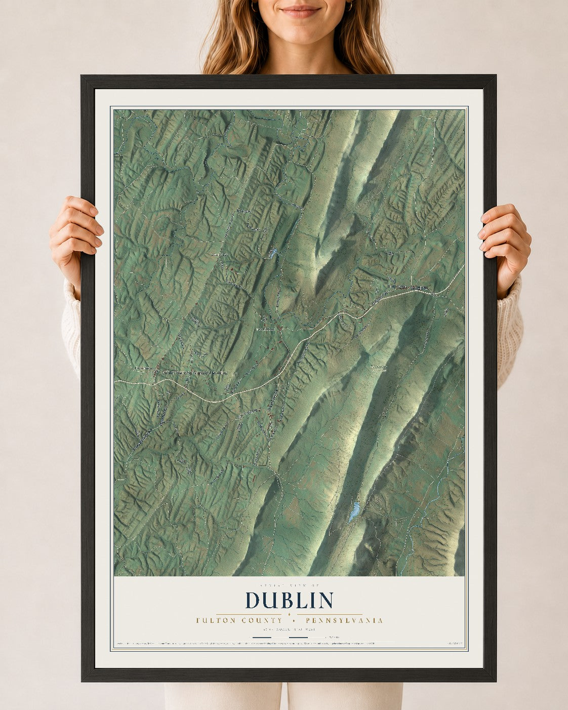 Map of Dublin, Fulton County, Pennsylvania, 24 x 36 inch print in a black wood frame