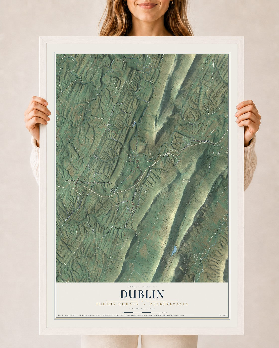 Map of Dublin, Fulton County, Pennsylvania, 24 x 36 inch print in a white wood frame