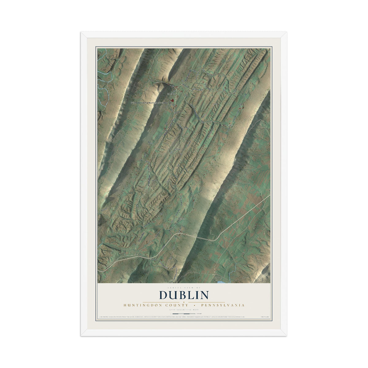 Map of Dublin, Huntingdon County, Pennsylvania, 12 x 18 inch print in a white wood frame
