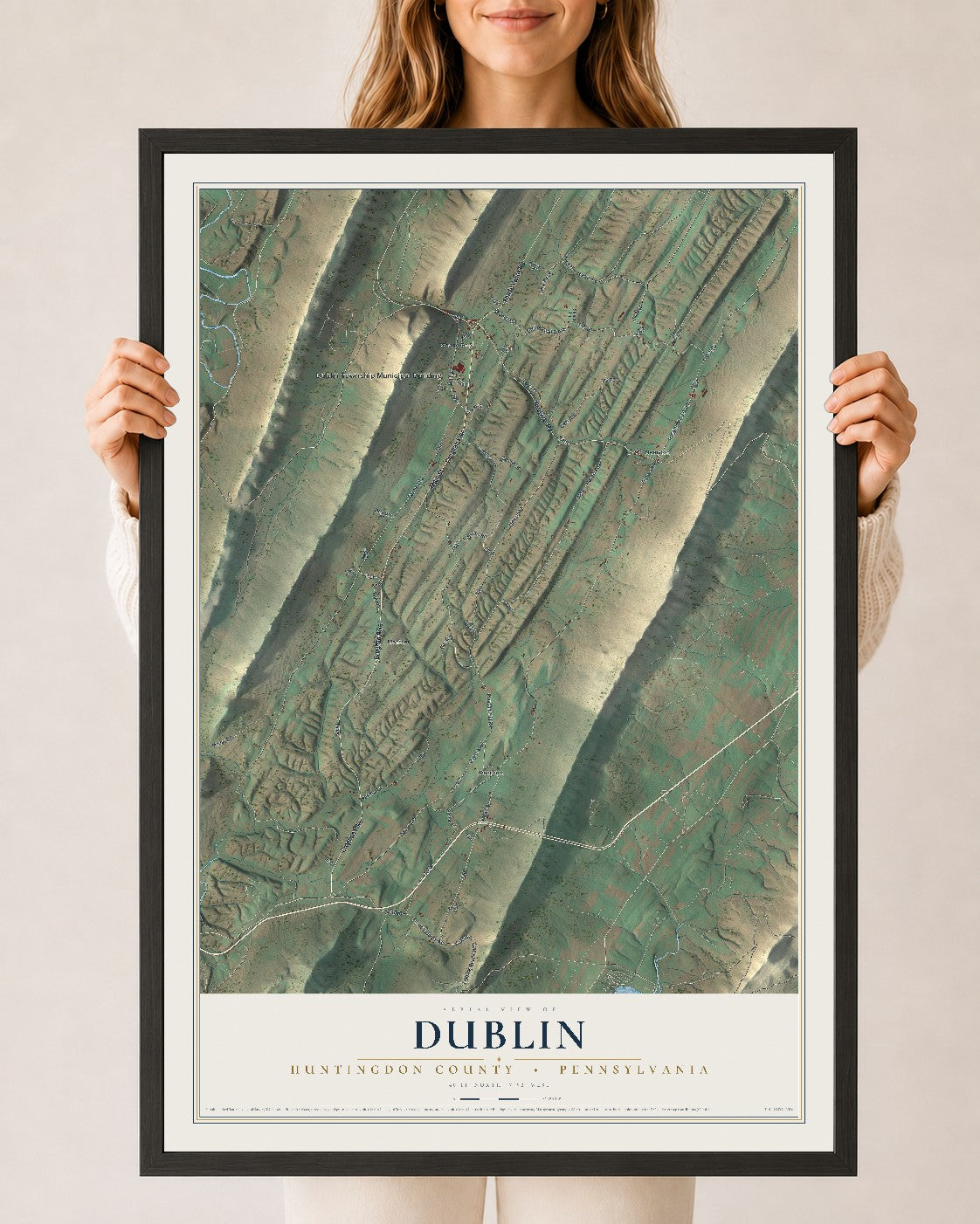 Map of Dublin, Huntingdon County, Pennsylvania, 24 x 36 inch print in a black wood frame
