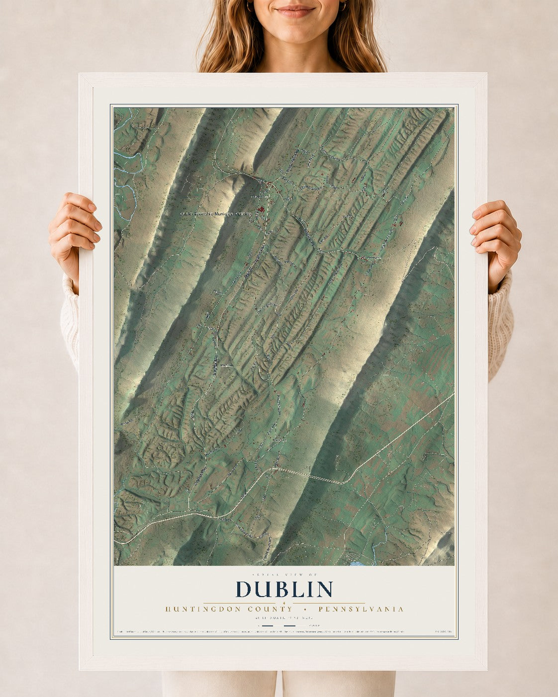 Map of Dublin, Huntingdon County, Pennsylvania, 24 x 36 inch print in a white wood frame