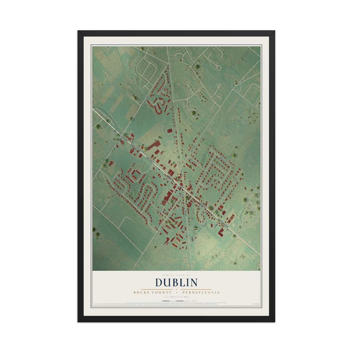 Map of Dublin, Bucks County, Pennsylvania, 12 x 18 inch print in a black wood frame