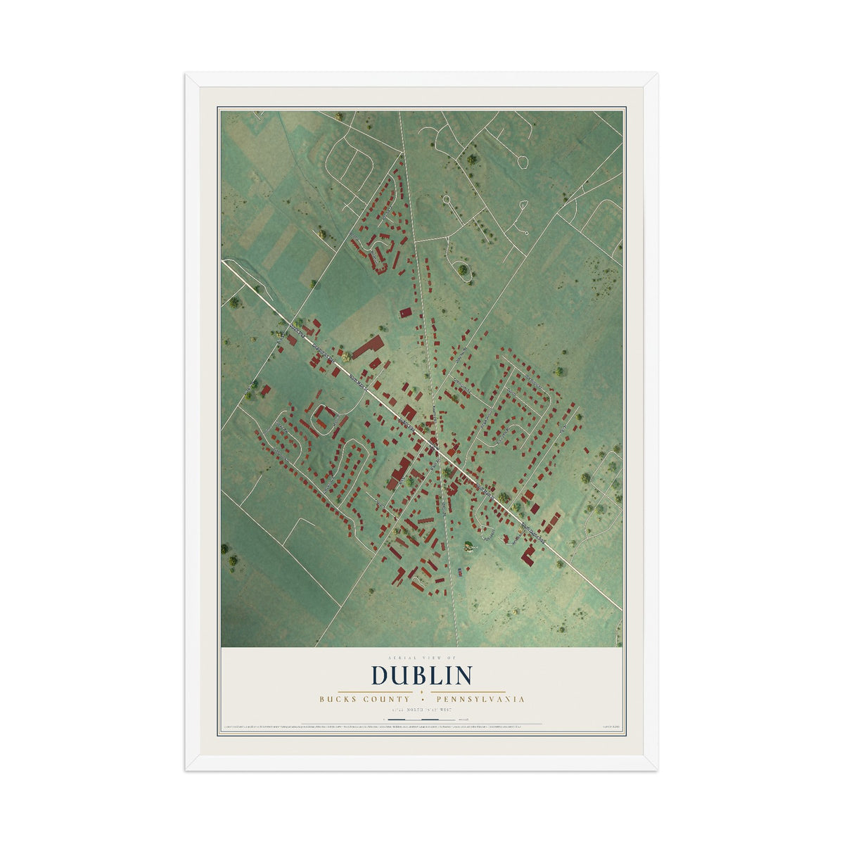 Map of Dublin, Bucks County, Pennsylvania, 12 x 18 inch print in a white wood frame