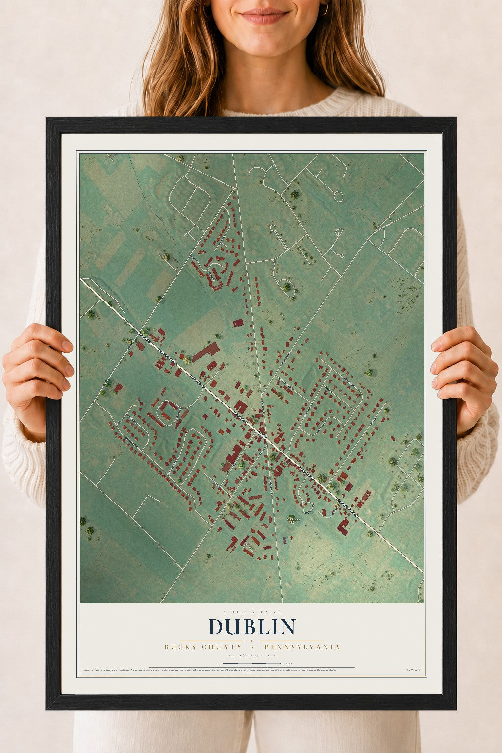 Map of Dublin, Bucks County, Pennsylvania, 18 x 24 inch print in a black wood frame