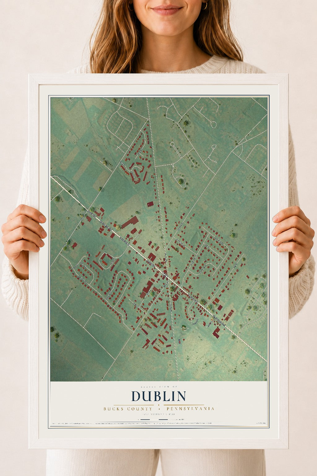 Map of Dublin, Bucks County, Pennsylvania, 18 x 24 inch print in a white wood frame