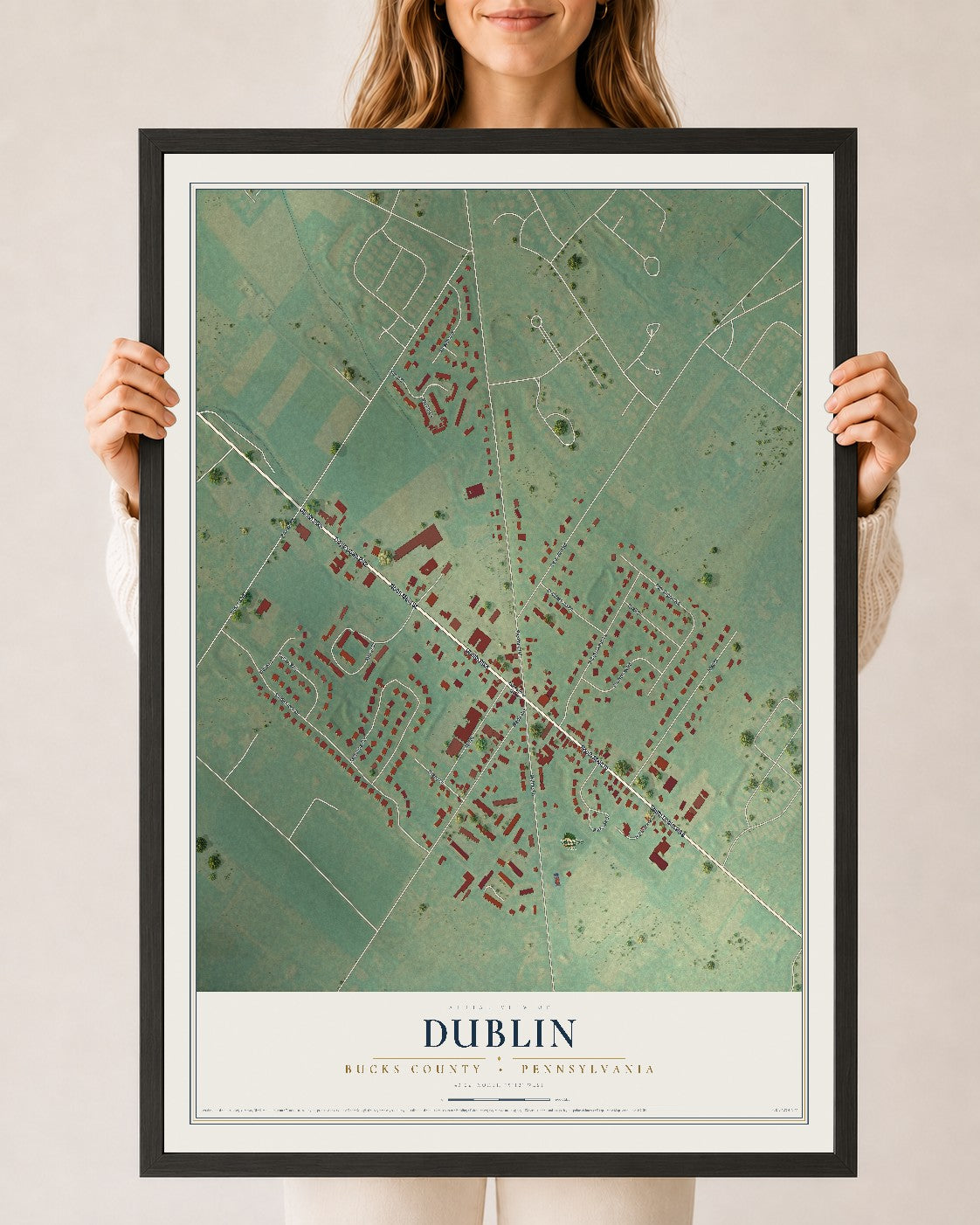 Map of Dublin, Bucks County, Pennsylvania, 24 x 36 inch print in a black wood frame