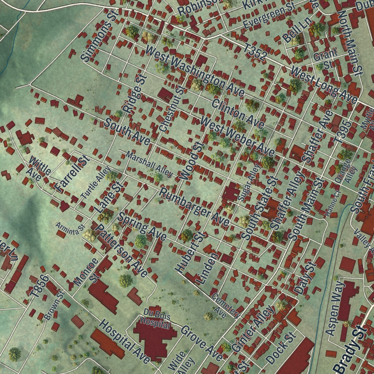 Close-up of the map of DuBois, Pennsylvania print showing street and building detail