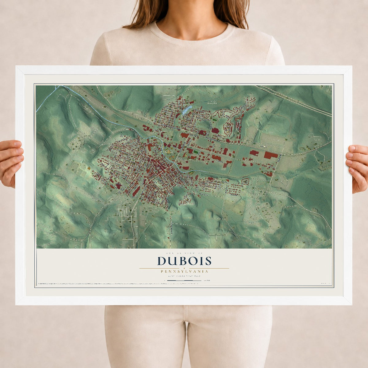 Map of DuBois, Pennsylvania, 18 x 24 inch print in a white wood frame