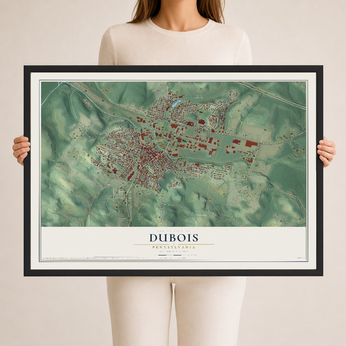 Map of DuBois, Pennsylvania, 24 x 36 inch print in a black wood frame