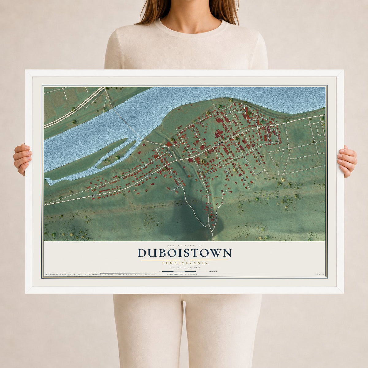 Map of Duboistown, Pennsylvania, 24 x 36 inch print in a white wood frame