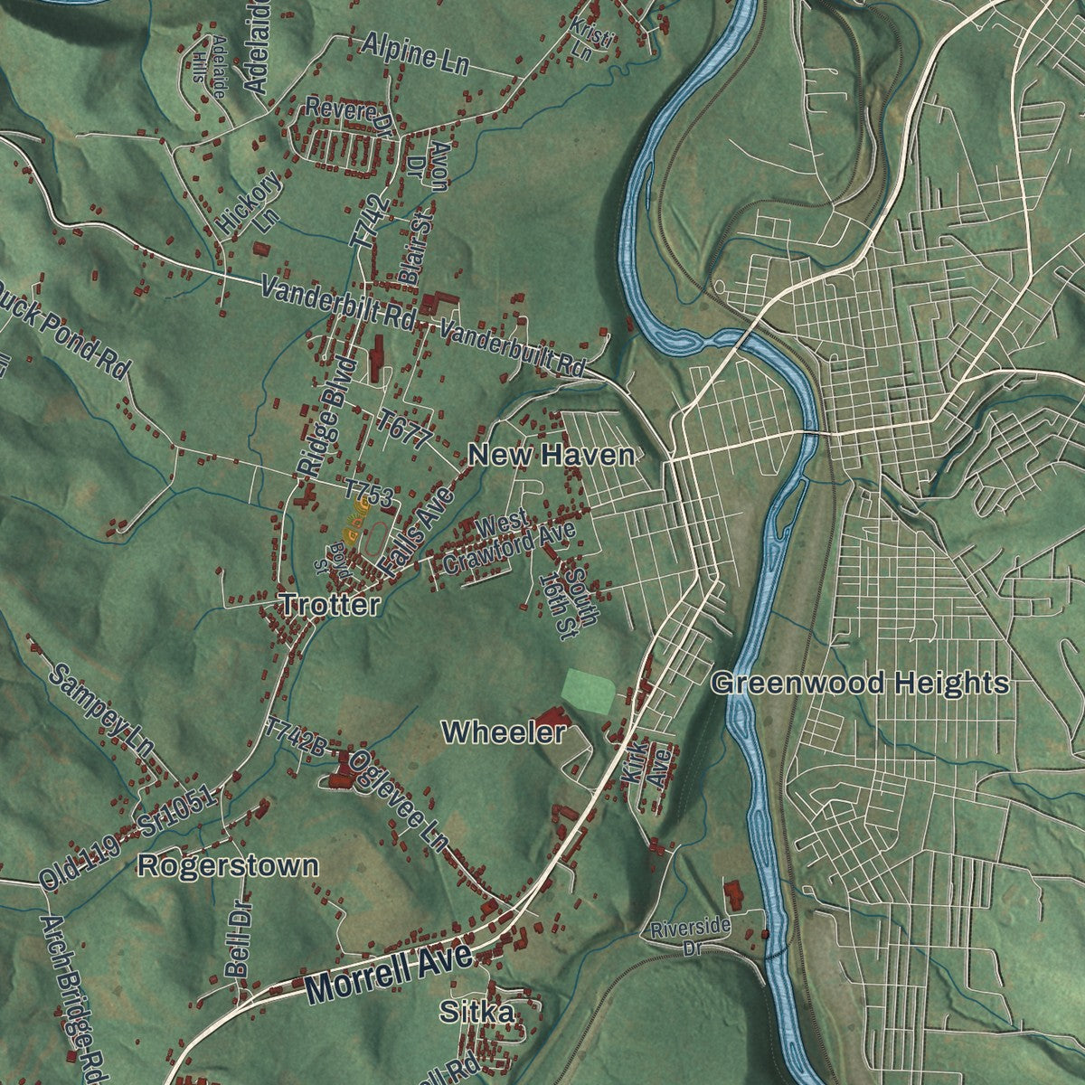 Close-up of the map of Dunbar, Fayette County, Pennsylvania print showing street and building detail