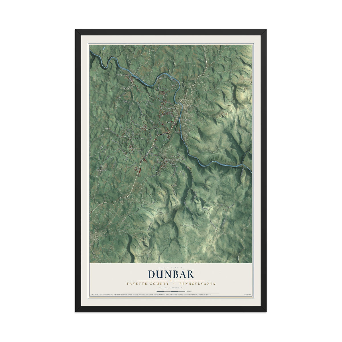 Map of Dunbar, Fayette County, Pennsylvania, 12 x 18 inch print in a black wood frame