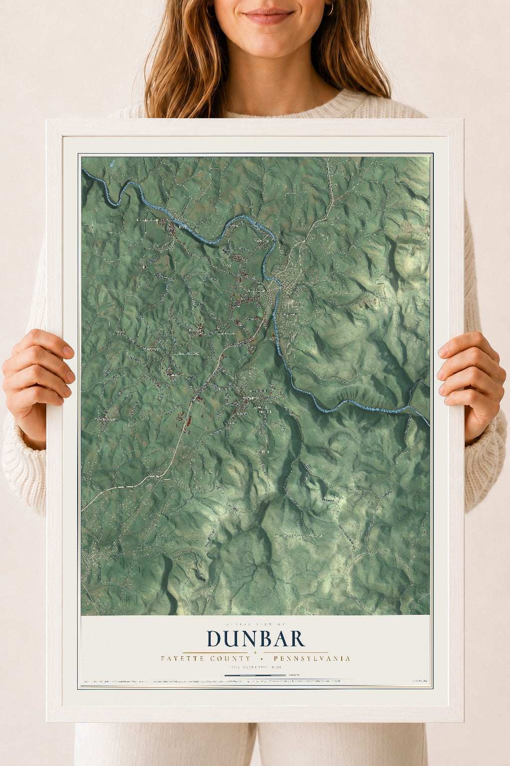 Map of Dunbar, Fayette County, Pennsylvania, 18 x 24 inch print in a white wood frame