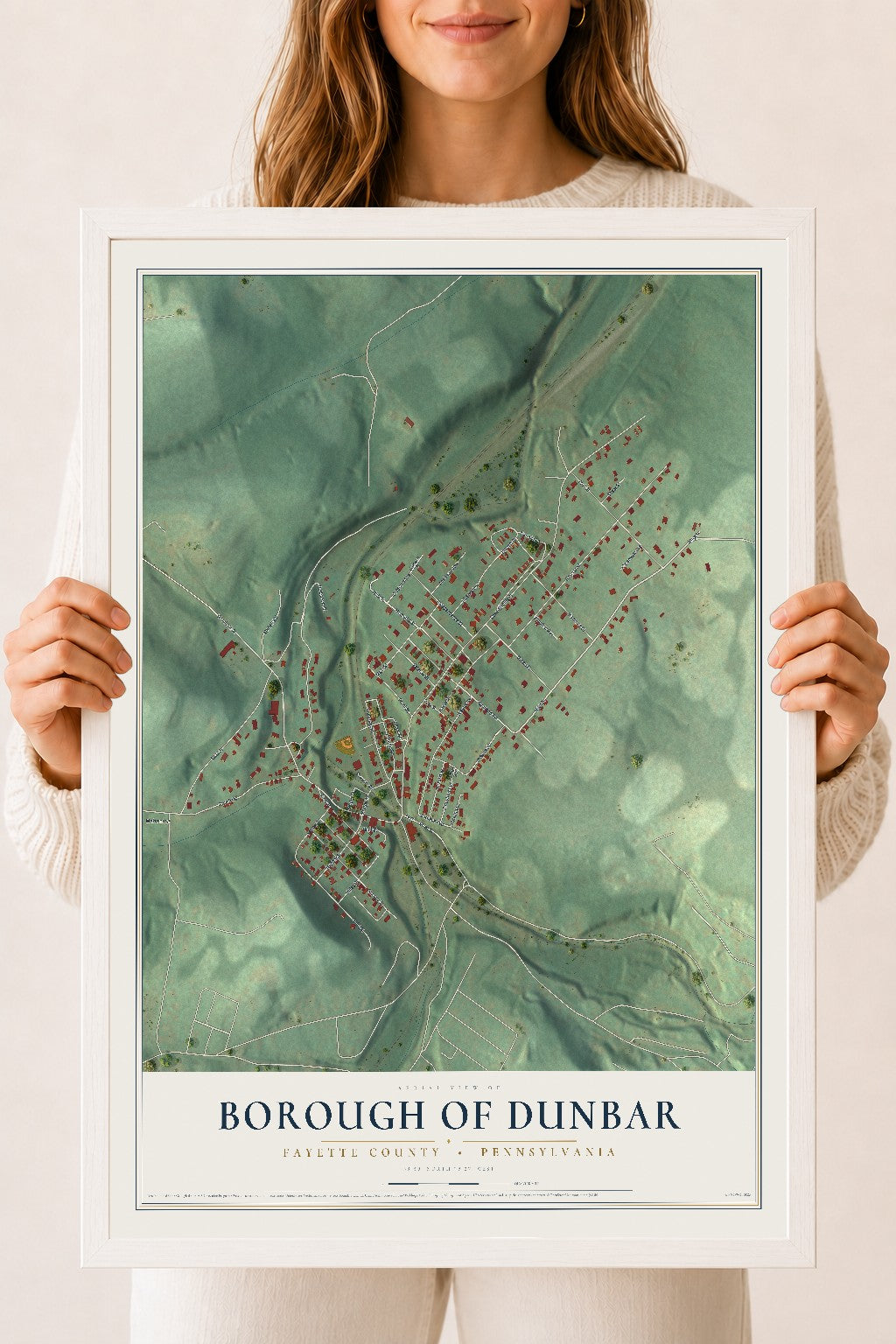 Map of the Borough of Dunbar, Fayette County, Pennsylvania, 18 x 24 inch print in a white wood frame