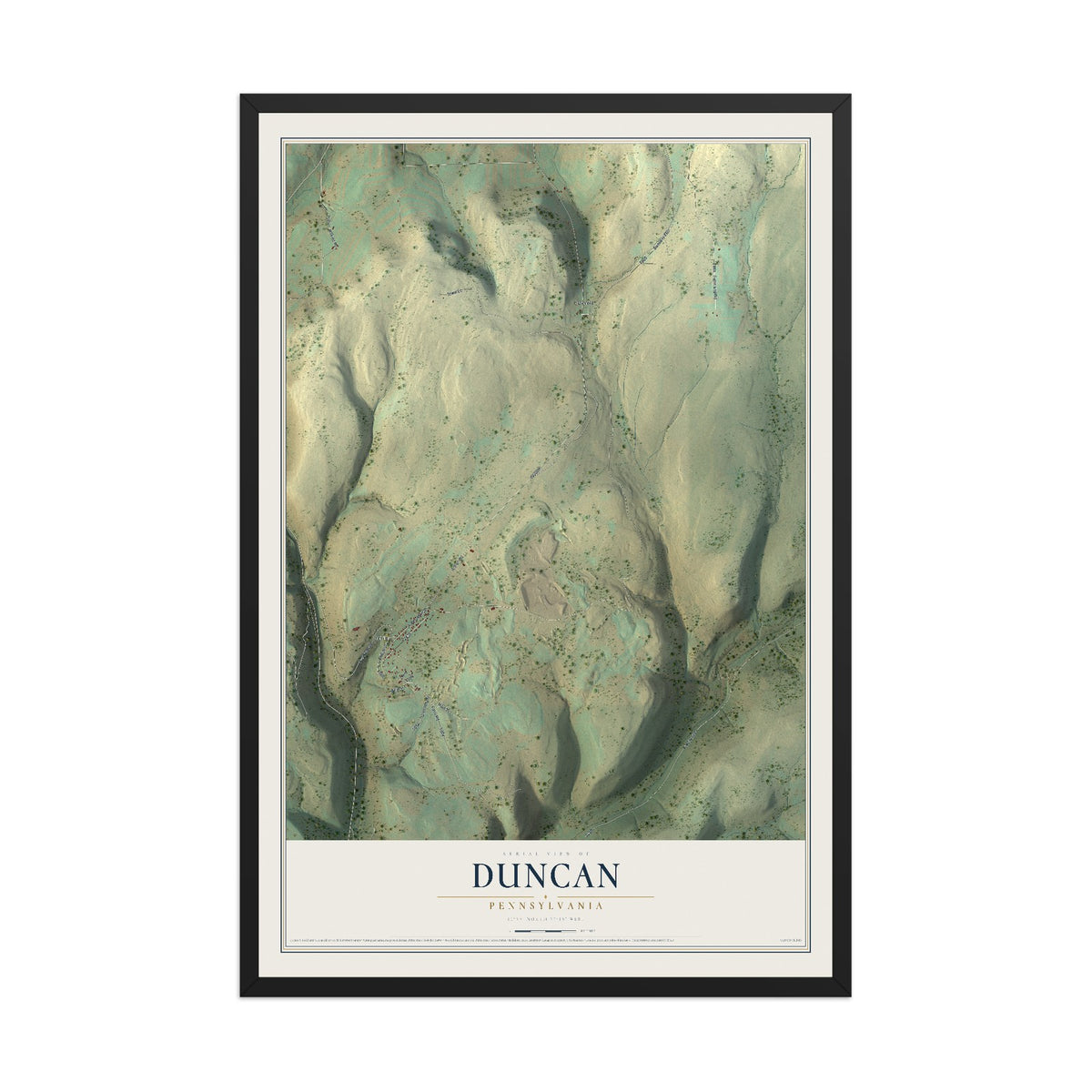 Map of Duncan, Pennsylvania, 12 x 18 inch print in a black wood frame