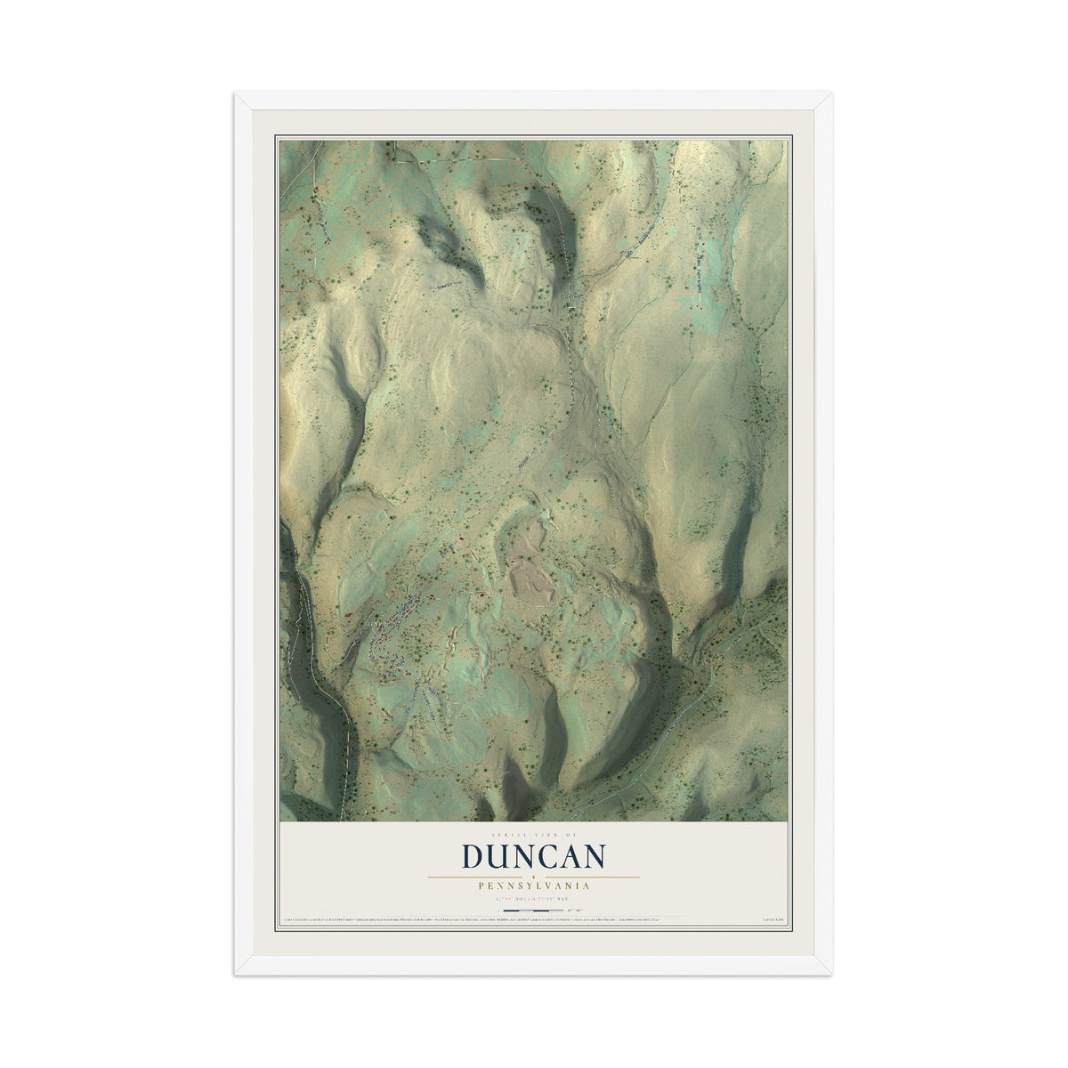 Map of Duncan, Pennsylvania, 12 x 18 inch print in a white wood frame