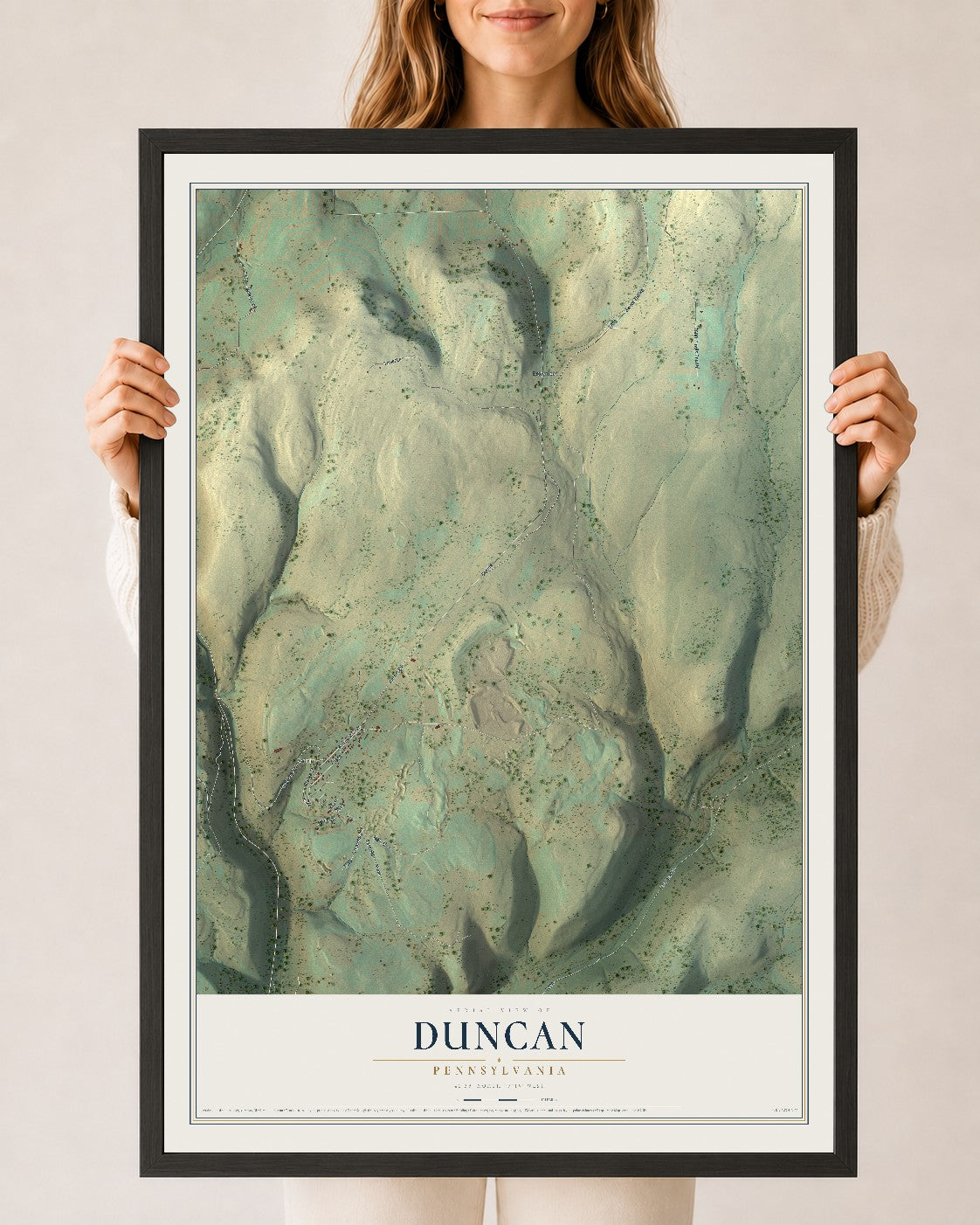 Map of Duncan, Pennsylvania, 24 x 36 inch print in a black wood frame