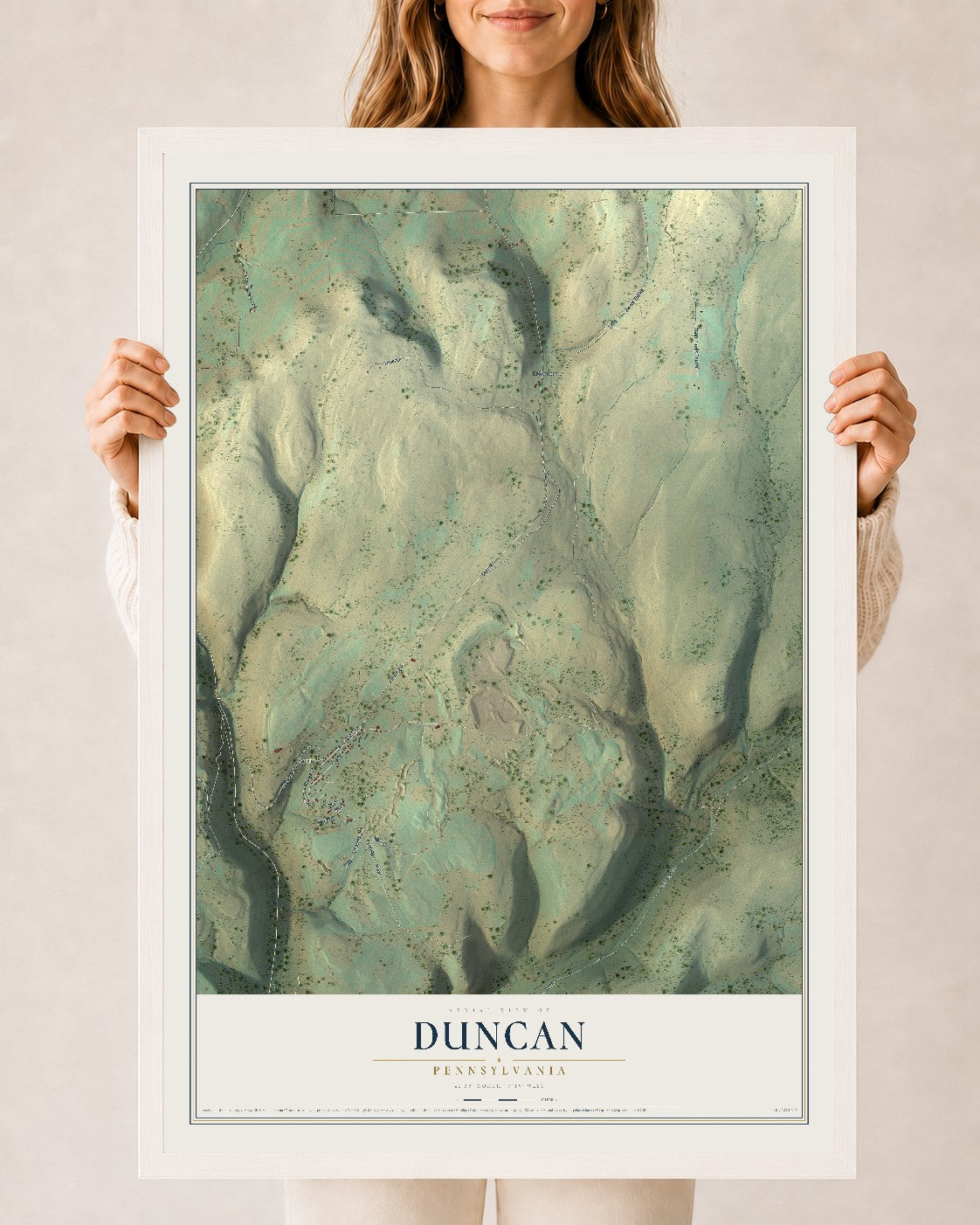 Map of Duncan, Pennsylvania, 24 x 36 inch print in a white wood frame