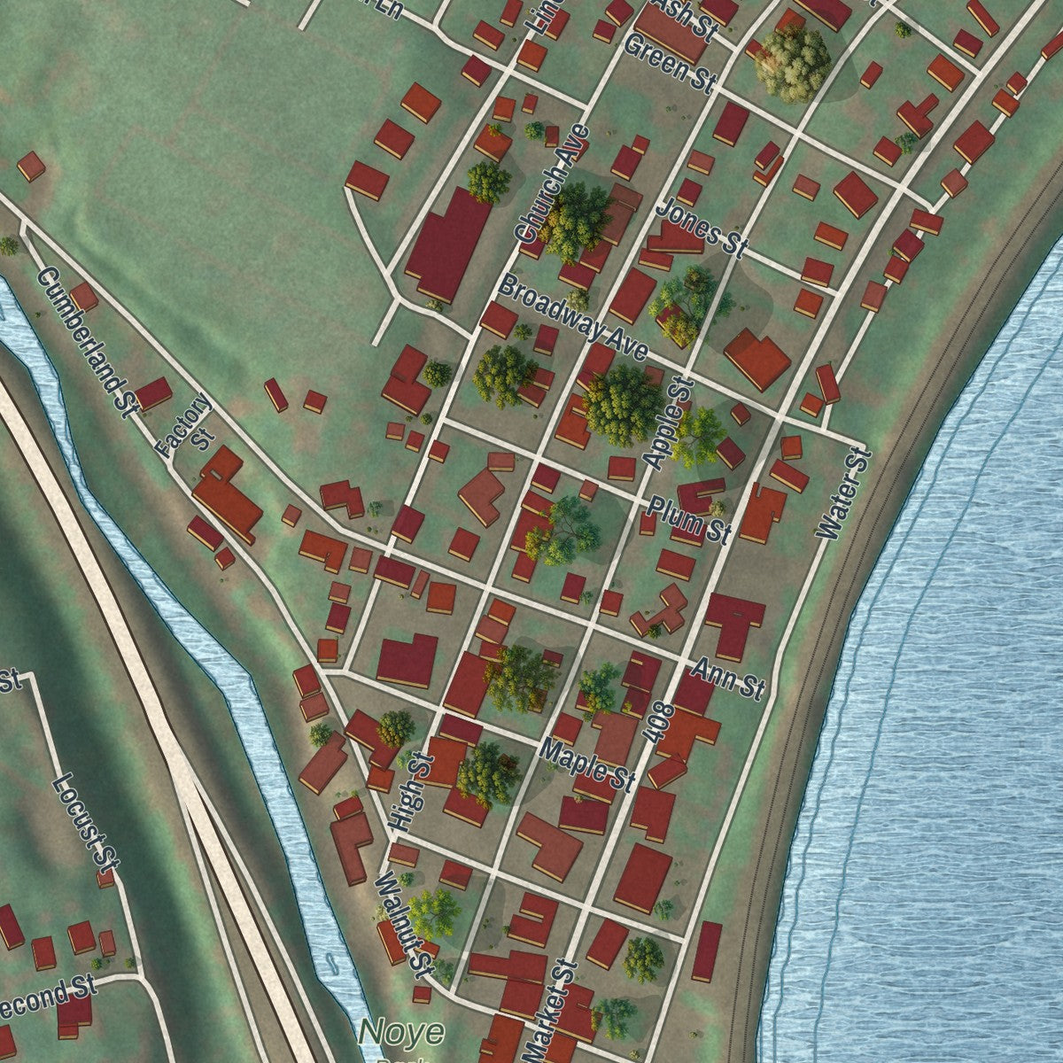 Close-up of the map of Duncannon, Pennsylvania print showing street and building detail