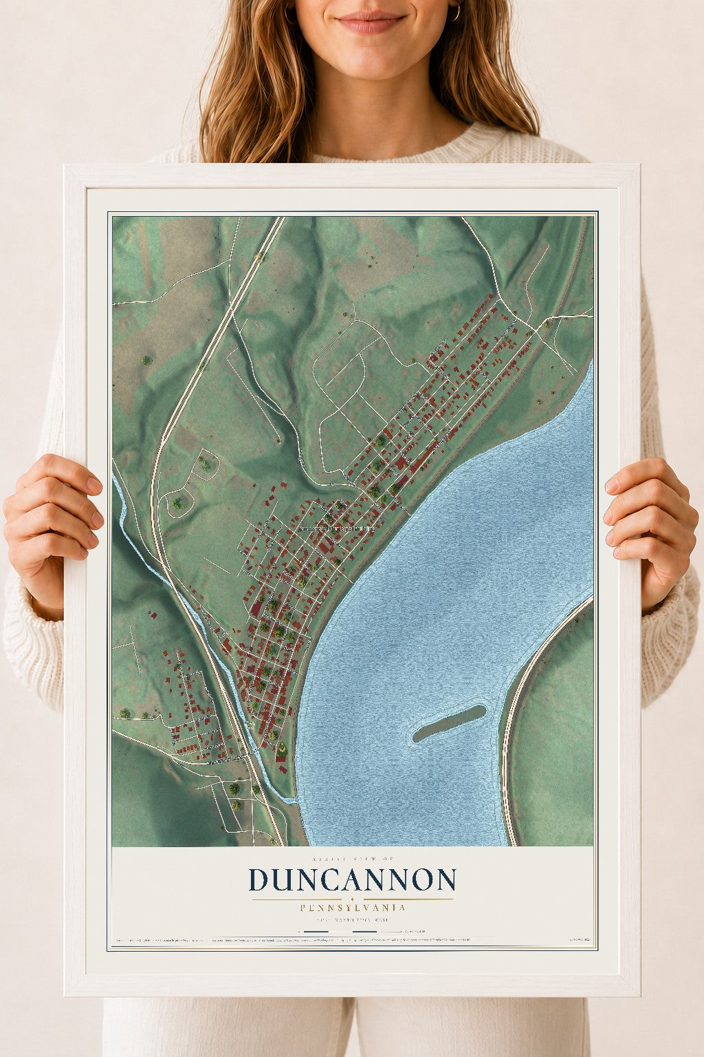 Map of Duncannon, Pennsylvania, 18 x 24 inch print in a white wood frame