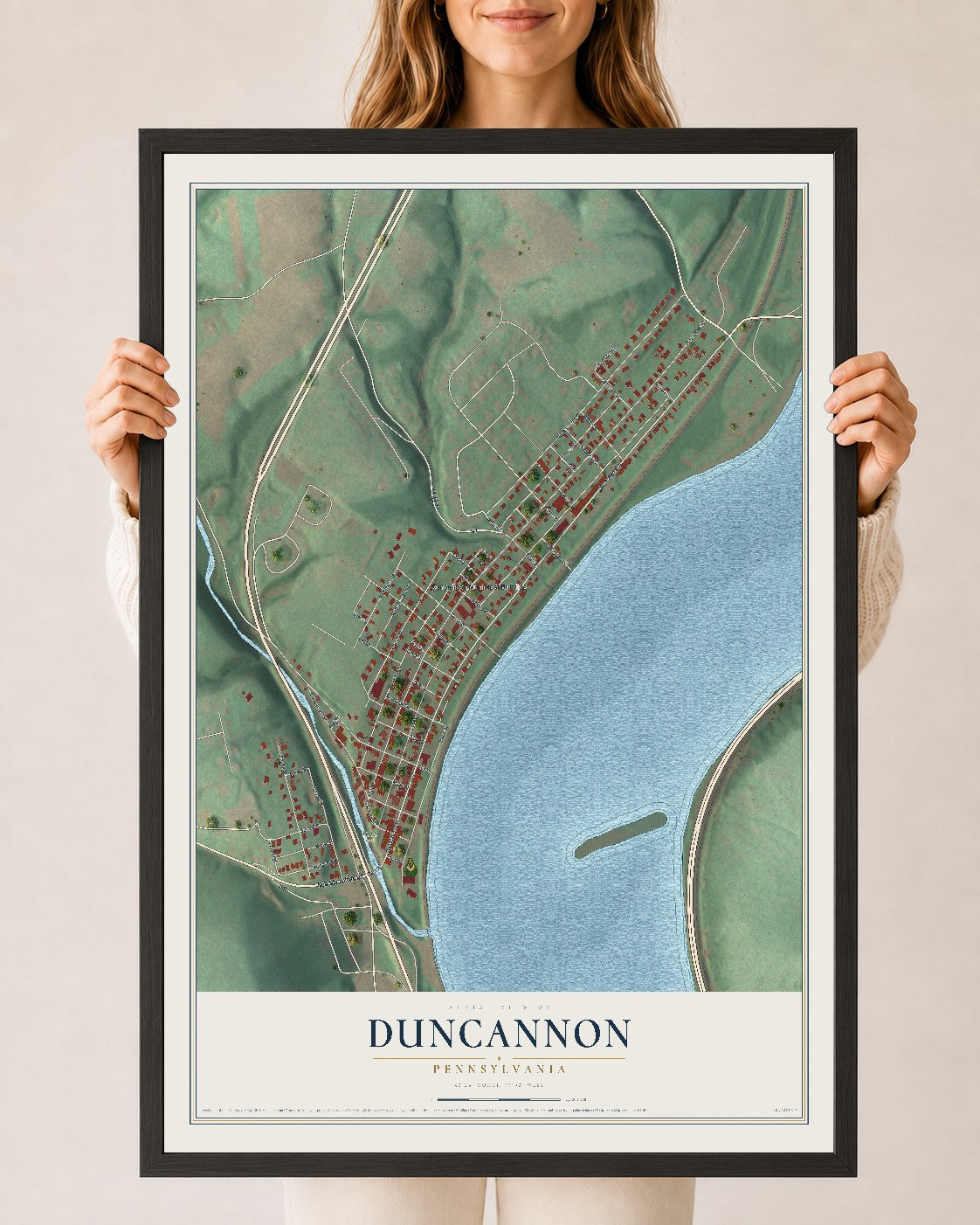 Map of Duncannon, Pennsylvania, 24 x 36 inch print in a black wood frame