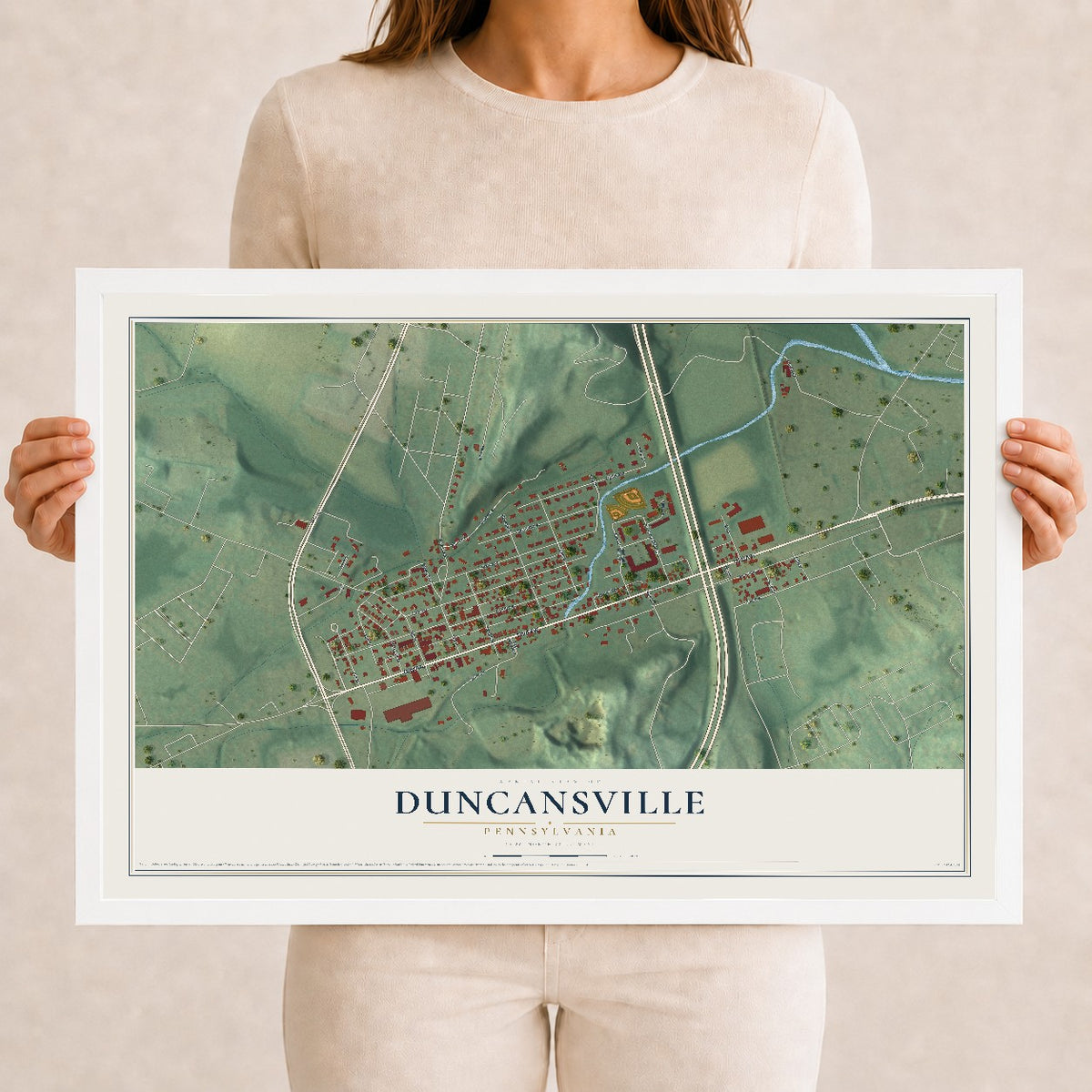 Map of Duncansville, Pennsylvania, 12 x 18 inch print in a white wood frame