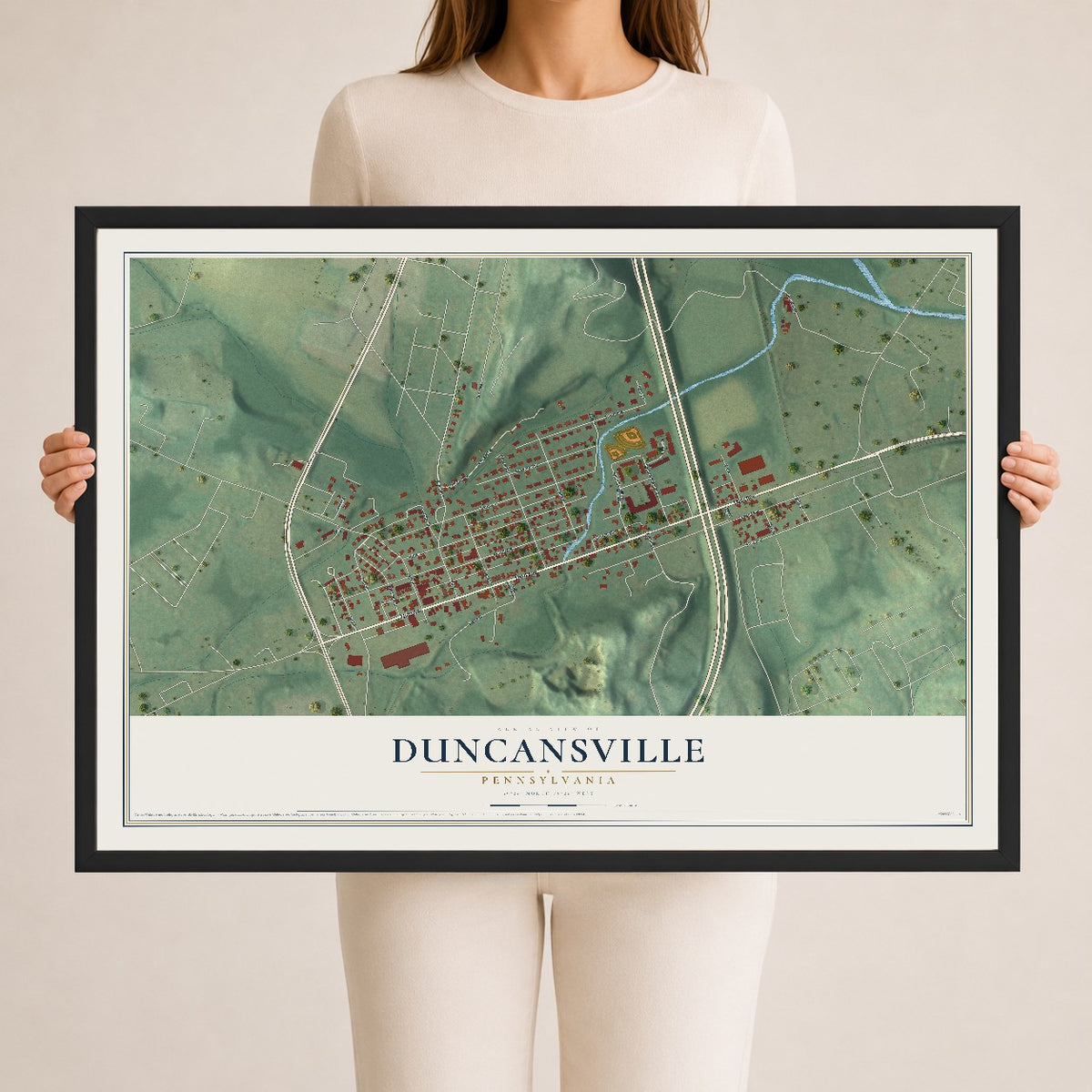 Map of Duncansville, Pennsylvania, 24 x 36 inch print in a black wood frame