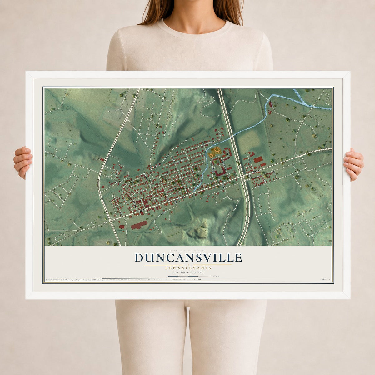 Map of Duncansville, Pennsylvania, 24 x 36 inch print in a white wood frame
