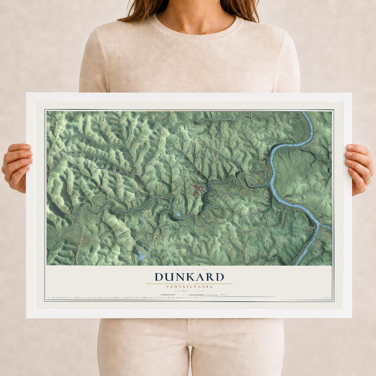 Map of Dunkard, Pennsylvania, 12 x 18 inch print in a white wood frame