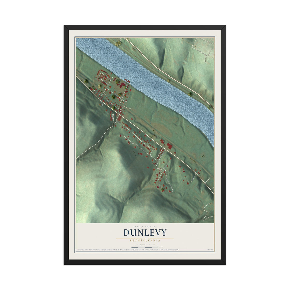 Map of Dunlevy, Pennsylvania, 12 x 18 inch print in a black wood frame