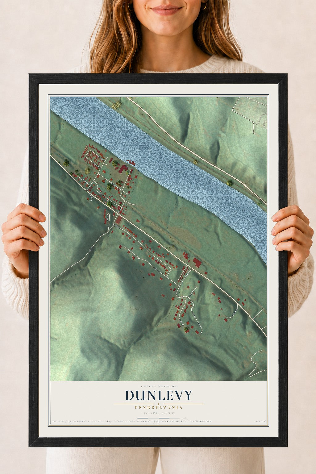 Map of Dunlevy, Pennsylvania, 18 x 24 inch print in a black wood frame