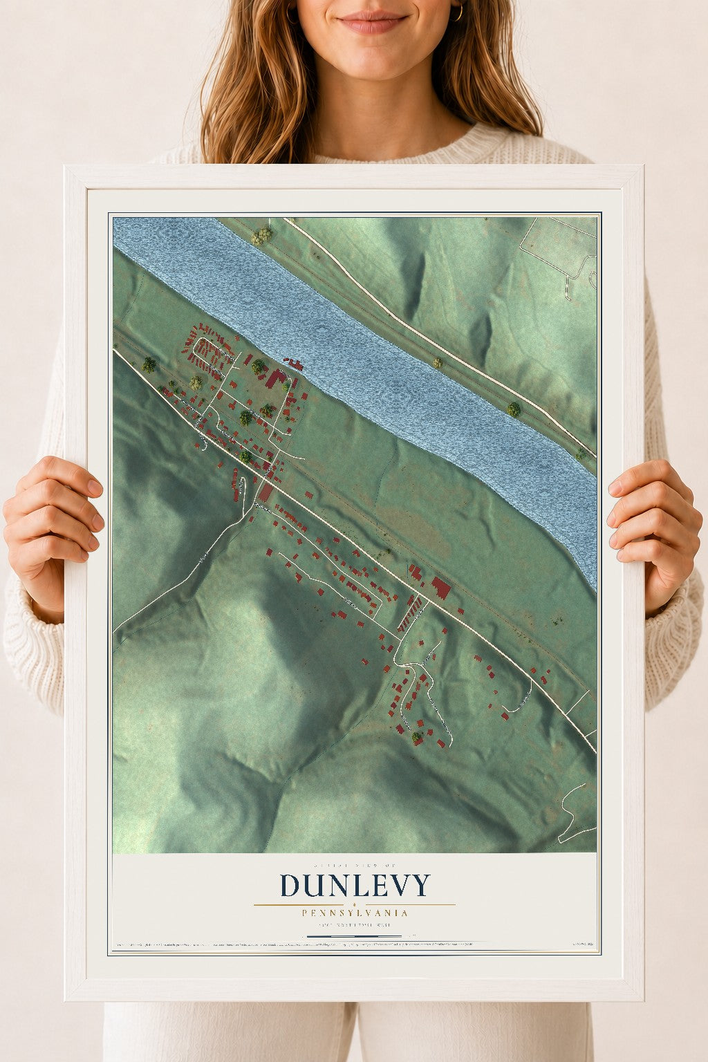 Map of Dunlevy, Pennsylvania, 18 x 24 inch print in a white wood frame