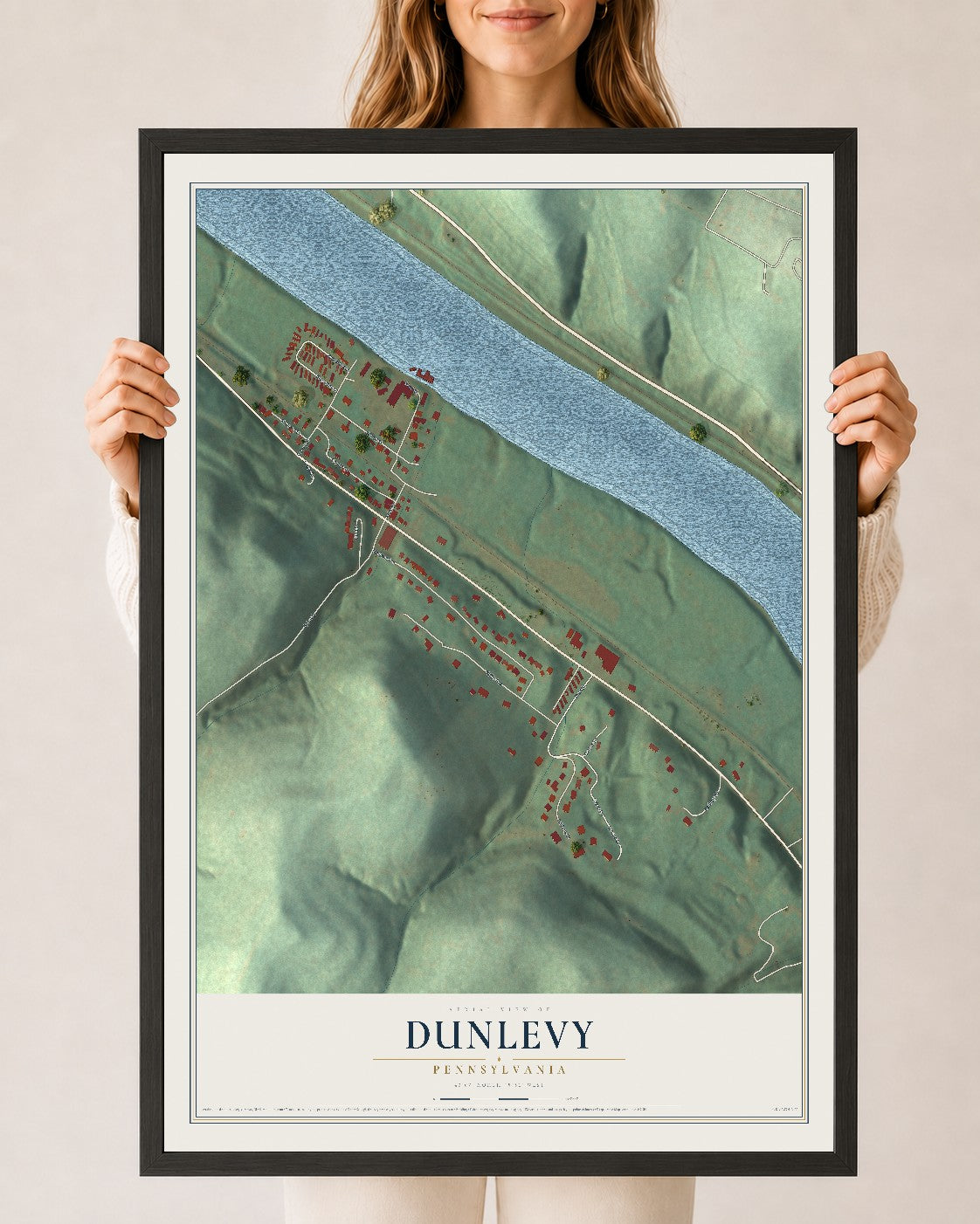 Map of Dunlevy, Pennsylvania, 24 x 36 inch print in a black wood frame