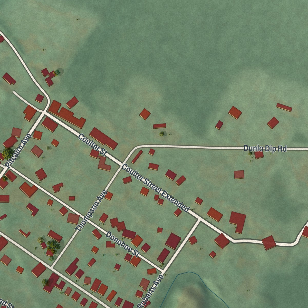 Close-up of the map of Dunlo, Pennsylvania print showing street and building detail