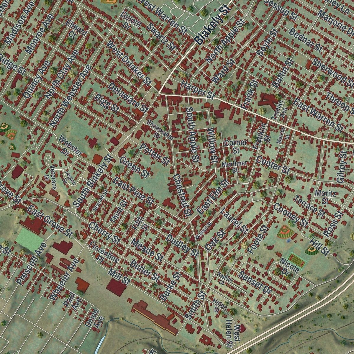 Close-up of the map of Dunmore, Pennsylvania print showing street and building detail
