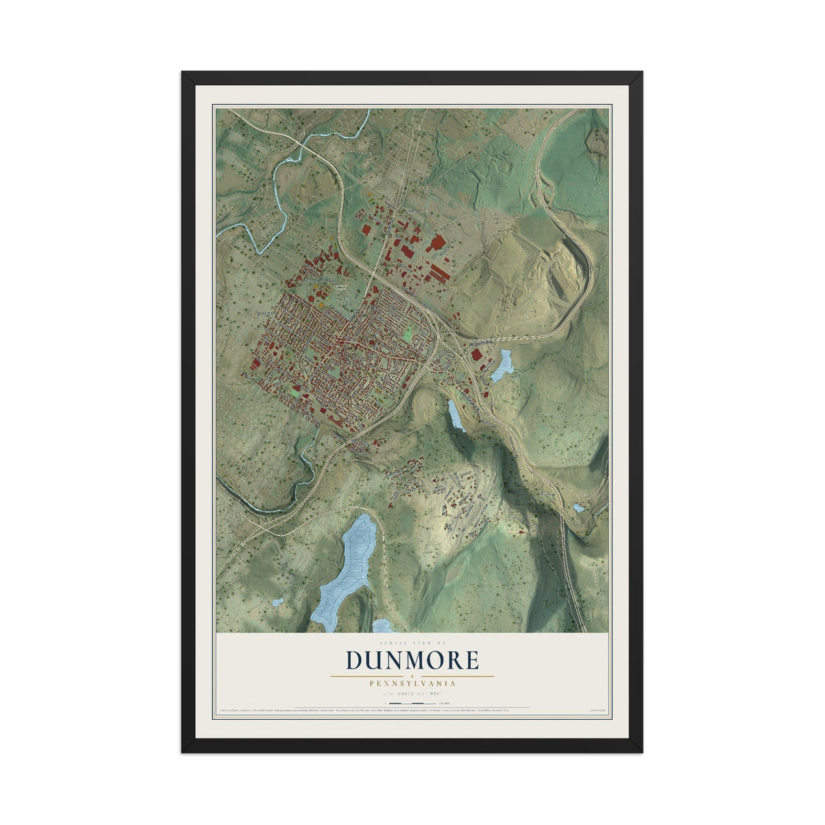 Map of Dunmore, Pennsylvania, 12 x 18 inch print in a black wood frame