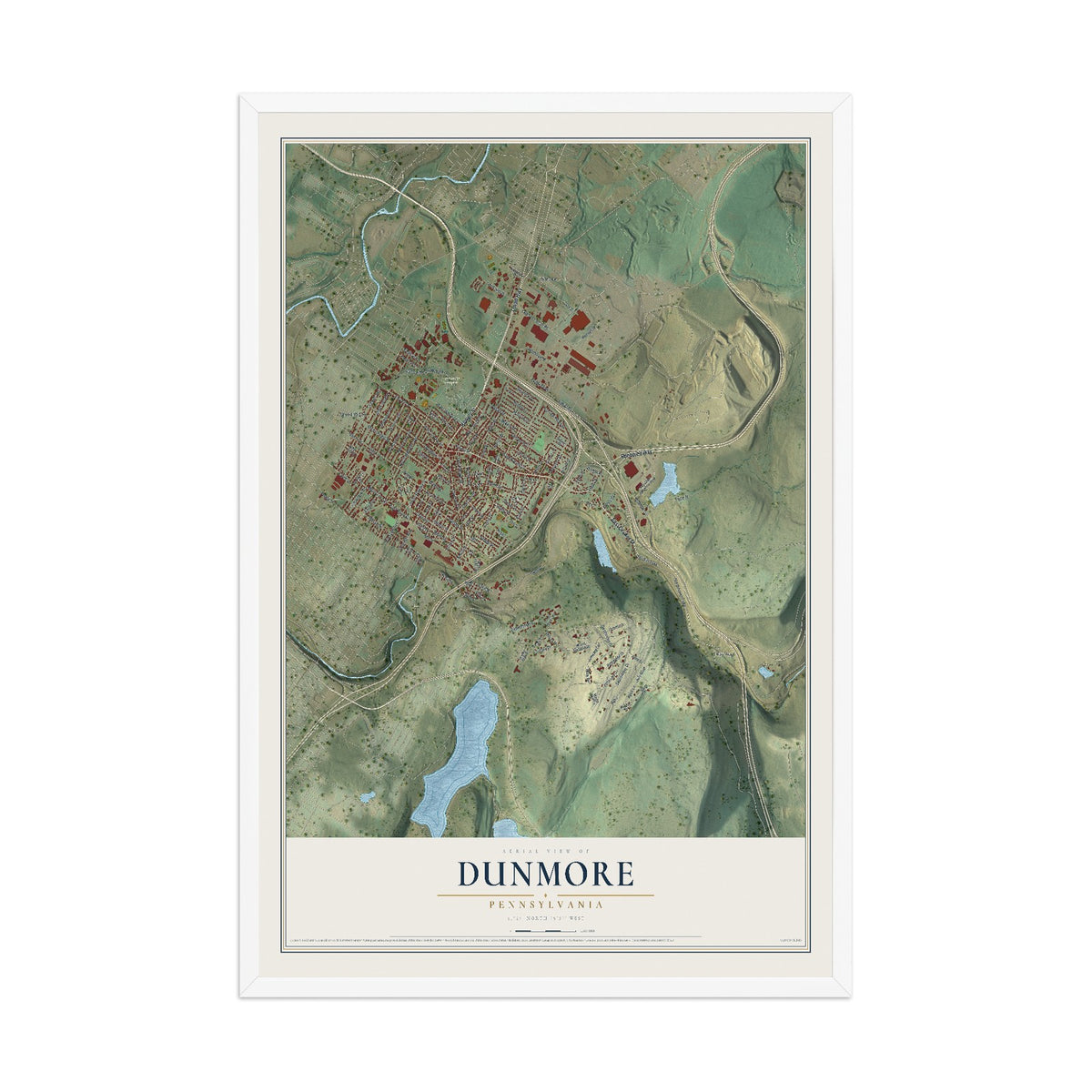 Map of Dunmore, Pennsylvania, 12 x 18 inch print in a white wood frame