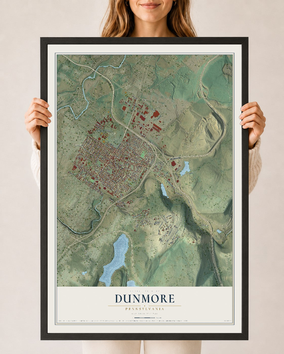 Map of Dunmore, Pennsylvania, 24 x 36 inch print in a black wood frame