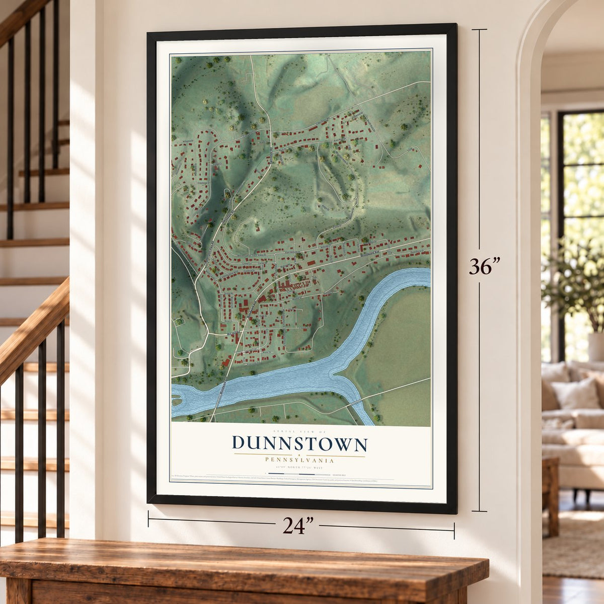 Dunnstown, Pennsylvania map, 24 x 36 inch print in a black frame by a staircase