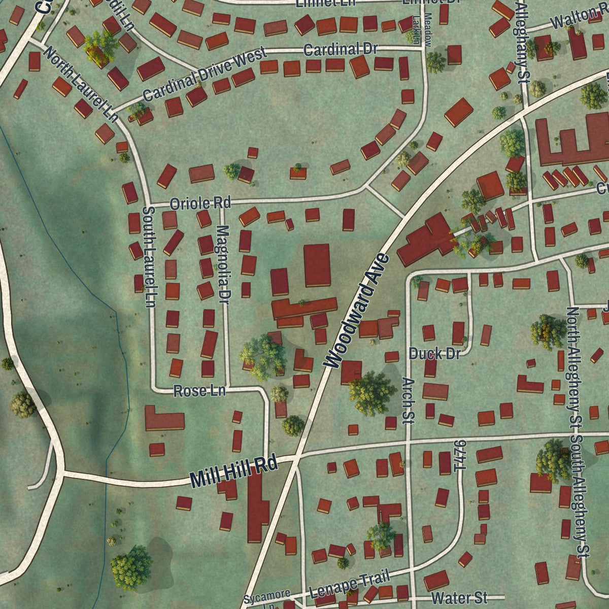 Close-up of the map of Dunnstown, Pennsylvania print showing street and building detail