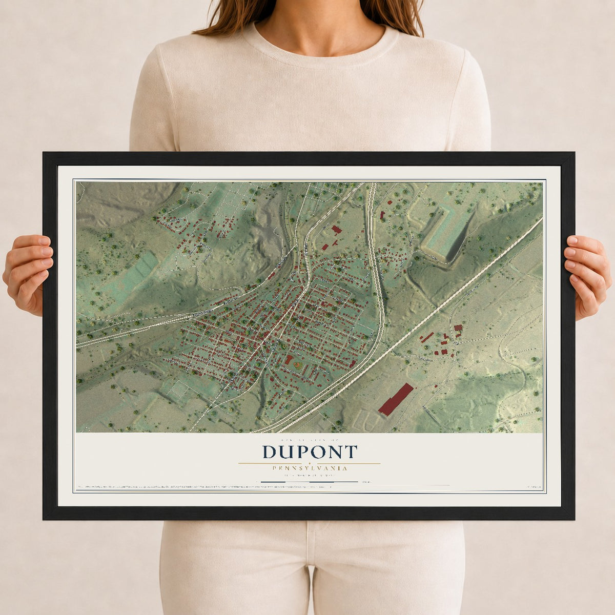Map of Dupont, Pennsylvania, 12 x 18 inch print in a black wood frame