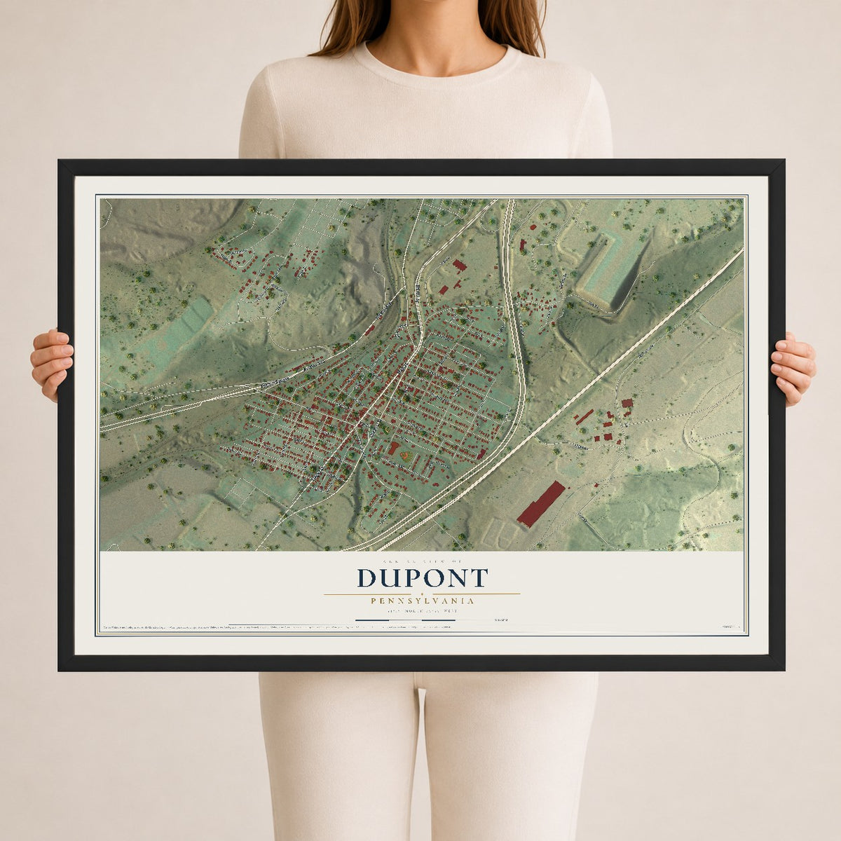 Map of Dupont, Pennsylvania, 24 x 36 inch print in a black wood frame