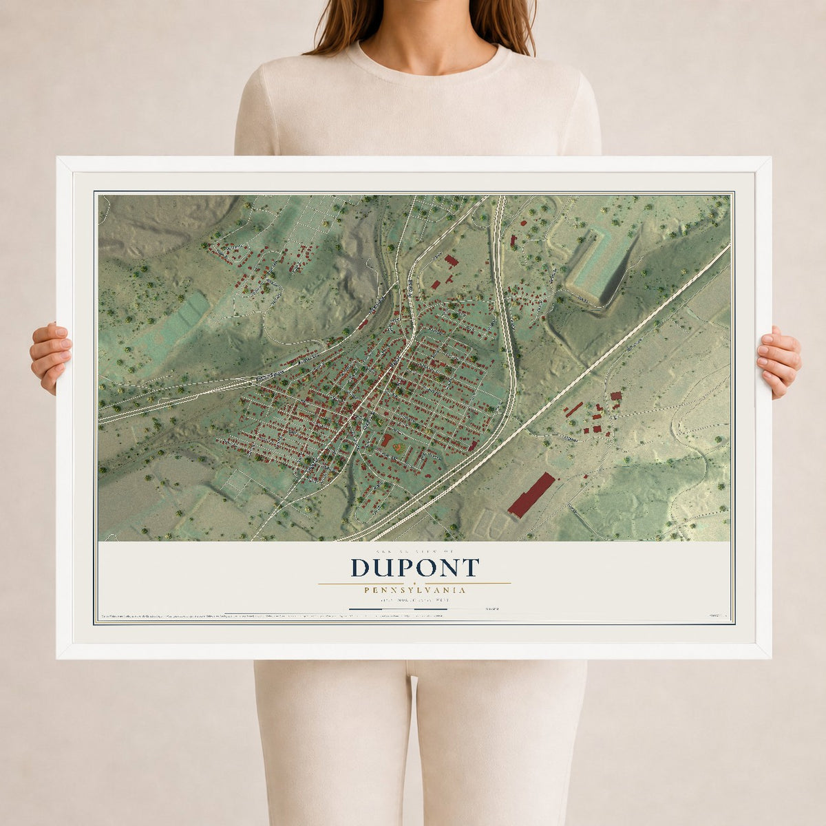 Map of Dupont, Pennsylvania, 24 x 36 inch print in a white wood frame