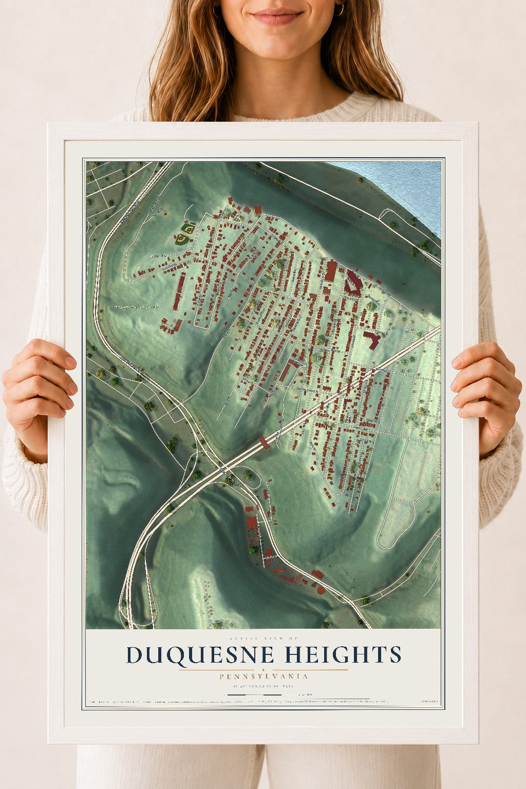 Map of Duquesne Heights, Pennsylvania, 18 x 24 inch print in a white wood frame