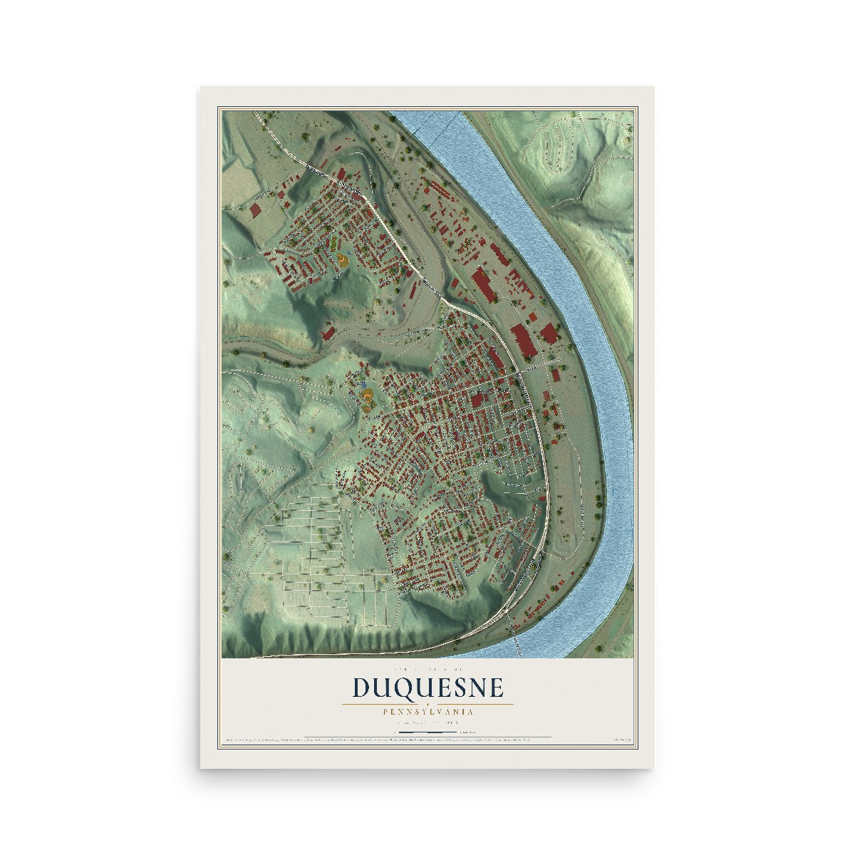 Map of Duquesne, Pennsylvania, 12 x 18 inch unframed archival matte print
