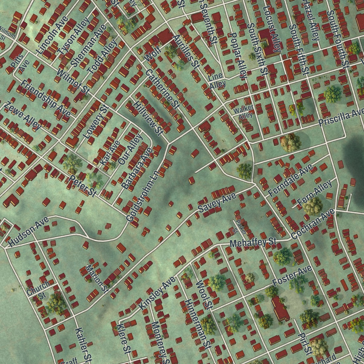 Close-up of the map of Duquesne, Pennsylvania print showing street and building detail