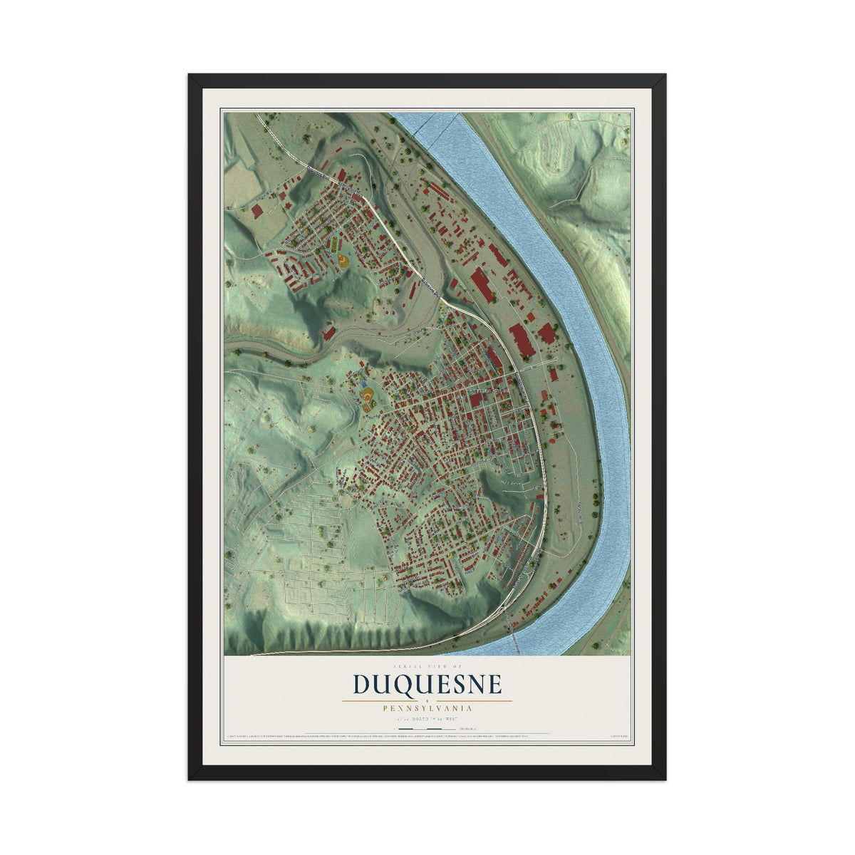 Map of Duquesne, Pennsylvania, 12 x 18 inch print in a black wood frame